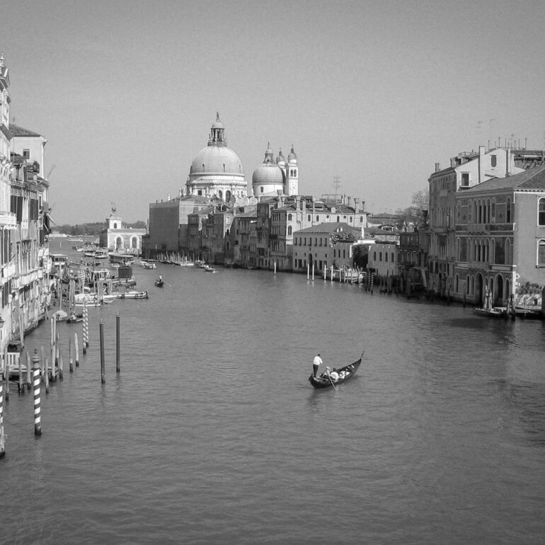 The grand canal in Venice Italy in black and white.